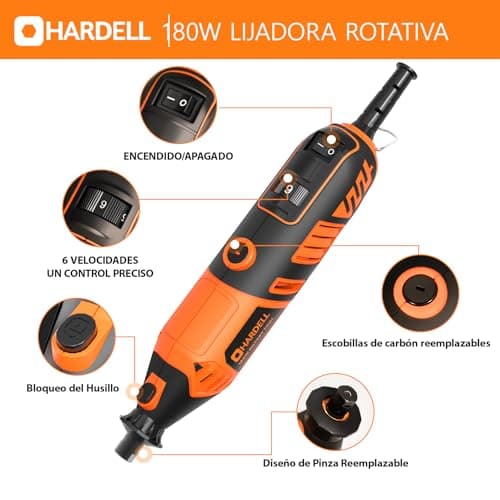 HARDELL Outil Rotatif Multifonction 180W pour Professionnels - 6 Vitesses Variables 8000-35000 tr/min, 61 Accessoires po