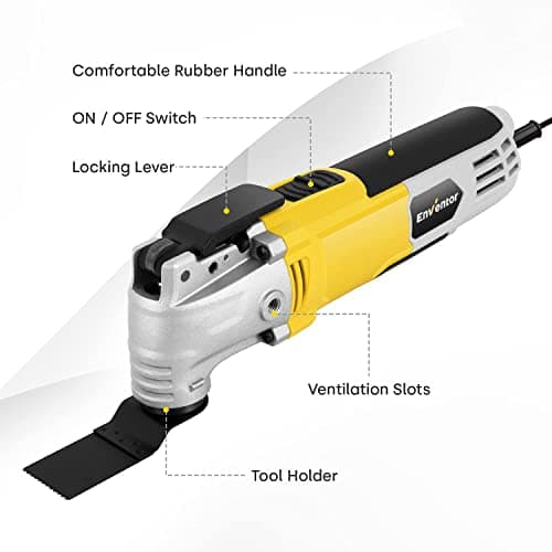Outil Multifonction ENVENTOR Oscillant 300W | 6 Vitesses | 15000-22000RPM | 3° Angle Oscillant | 28 Pièces | Coupe, Ponç