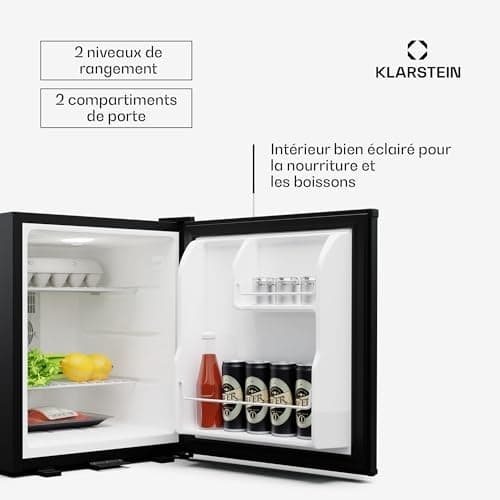 KLARSTEIN Mini Réfrigérateur 44L, Silencieux & Petit, pour Boissons & Snacks, Serrure & Clayettes Réglables