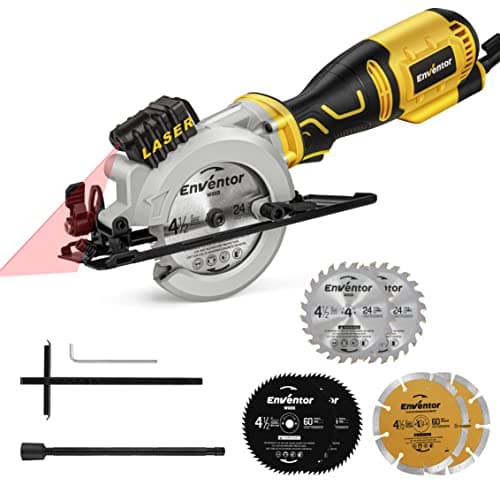 Scie Circulaire ENVENTOR Professionnelle Bois Métal Plastique 705W 3500 RPM 6 Lames 115mm Guide Laser Max 42,8mm Moteur