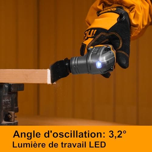 Outil Oscillant Ingco 20V Multifonction 6 Vitesses pour Couper, Poncer, Gratter, Scier avec 2 Batteries 2,0 Ah et 1 Char