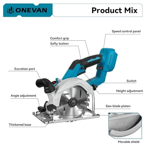 ONEVAN Scie circulaire portative sans fil 150 mm pour professionnels en construction 55 mm de profondeur de coupe 3 lame