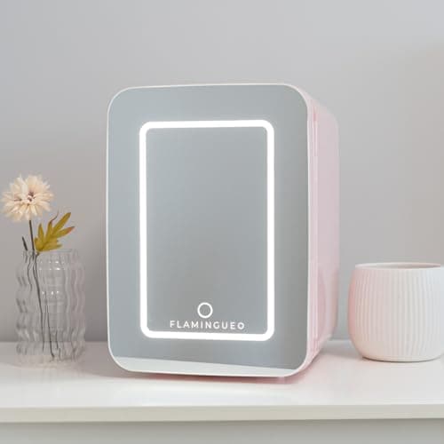 Flamingueo Mini Frigo 10L - Petit Frigo avec Miroir et LED, 12V/220V, Frigo de Chambre Fonction Chaud et Froid
