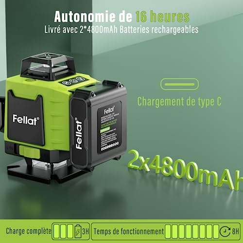 Laser Niveau Vert Autonivelant 4D 16 Lignes Avec 2 Batteries Rechargeables 4800mAh, Télécommande, Support Rotatif et Bas