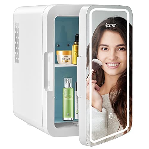 GOPLUS Mini Frigo 10 L, Frigo Cosmetique LED, Silencieux pour Chambre et Voiture, AVEC Miroir à Maquillage LED