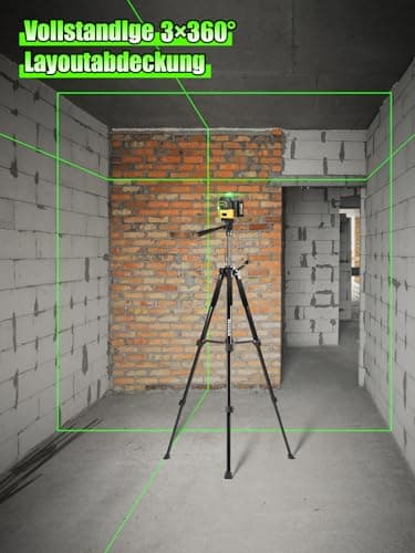 Niveaux Laser Autonivelant 360° Vert 12 Lignes Niveau Laser mit Répied 150cm Rotatif Batterie 3000mAh x2 Télémètre