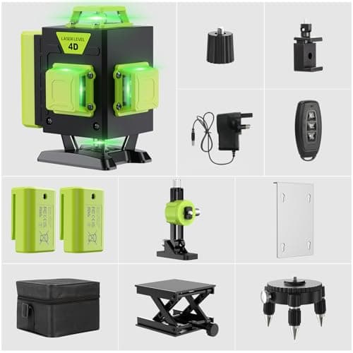 Laser Niveau Professionnel 4 x 360° Vert 16 Lignes Autonivelant Batterie Rechargeable pour Chantier Construction Accroch