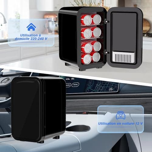 YASHE Mini réfrigérateur, 6 litres/8 canettes, réfrigérateurs thermoélectriques portables, pour bureau, voiture, noir