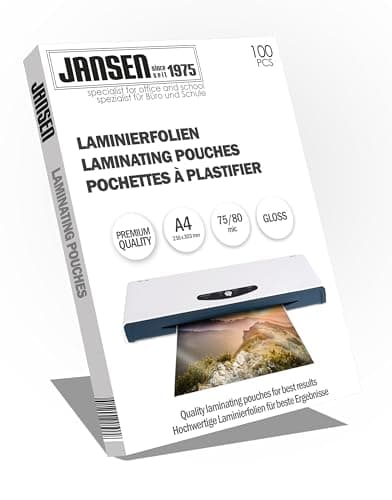 Jansen - Pochettes de plastification brillantes A4, 75/80 microns, Pack de 100 - Idéales pour l'imprimerie profesionnell