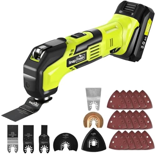 SnapFresh Multifonction sans fil 20V Multitool Multi-cutter Scie Oscillante avec 6 Vitesses 5000-18000 OPM, angle d'osci — Avec chargeur