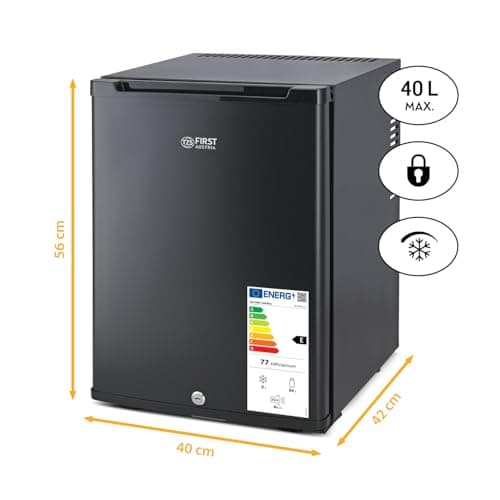 TZS First Austria - Petit mini-frigo silencieux 40L avec serrure - Camping, bureau, chambre & hôtel - Noir matavec porte