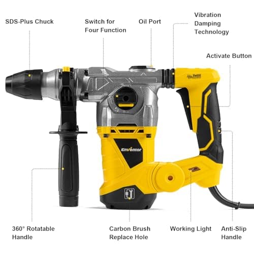 PERCEUSE À PERCUSSION ENVENTOR 1500W SDS-PLUS, POIGNÉE ANTIVIBRATION, POIDS LÉGER, PERÇAGE BÉTON ET METAL, 4 FONCTIONS