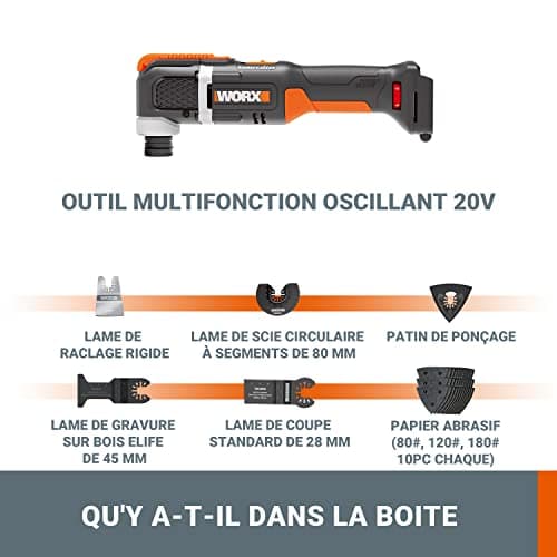 Outil oscillant WORX WX696.9 multifonctions 20V, Puissant 5000/6000 tr/min, angulaire 3,6°, changement de lame facile