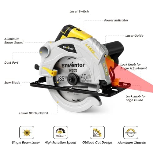 ENVENTOR Scie Circulaire 1500W avec rail de guidage & guidage laser, pour professionnels, usage professionnel, 5500RPM,