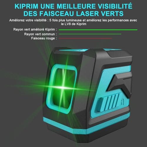 Niveau laser vert Kiprim LV8, visibilité améliorée, luminosité réglable, mode manuel/autonivelant/impulsion, piles et sa