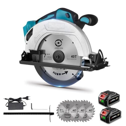 ONEVAN Scie circulaire sans brosse 1000W 4500RPM, 2 batteries, 0-45° 185mm, bois, métal, plastique, PVC