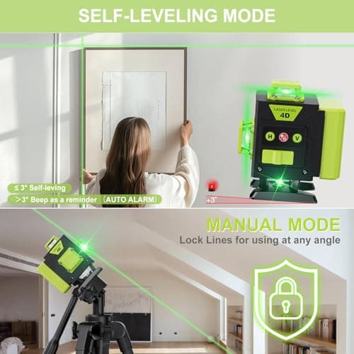 Laser Niveau Professionnel 4 x 360° Vert 16 Lignes Autonivelant Batterie Rechargeable pour Chantier Construction Accroch
