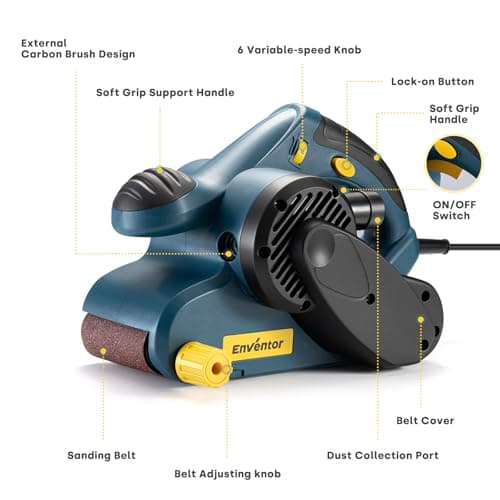 Enventor Ponceuse à Bande 950W - Vitesse Variable (120-380 tr/min) - Sac à Poussière Inclus