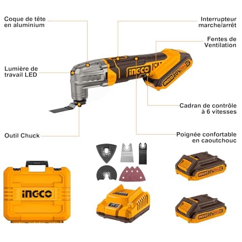 Outil Oscillant Ingco 20V Multifonction 6 Vitesses pour Couper, Poncer, Gratter, Scier avec 2 Batteries 2,0 Ah et 1 Char