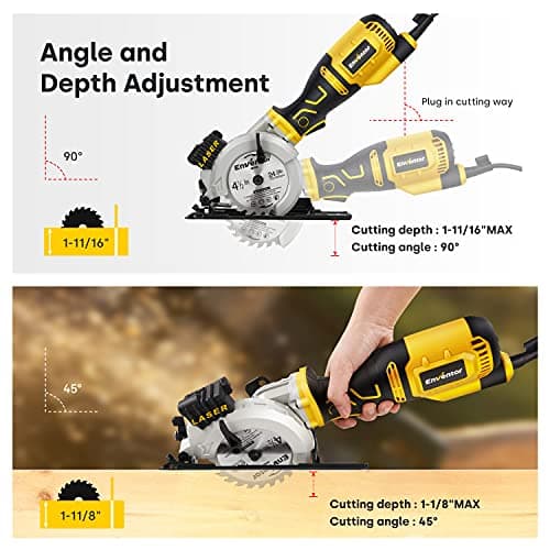 Scie Circulaire ENVENTOR Professionnelle Bois Métal Plastique 705W 3500 RPM 6 Lames 115mm Guide Laser Max 42,8mm Moteur