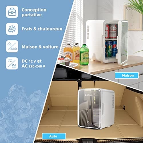 COSTWAY Mini Réfrigérateur 10L Chaud/Froid Portable avec Miroir LED pour Voiture et Chambre