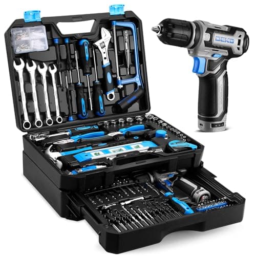 DEKO Caisse à Outils Multifonction sans Fil 12V, Boîte à Outils_complete avec Perceuse, Idéale pour Réparation et Entret — Bleu
