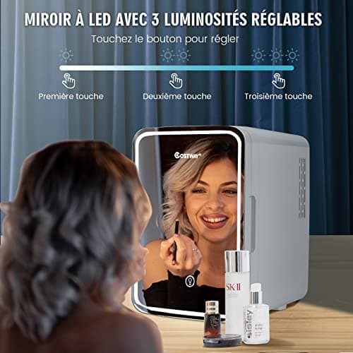 GOPLUS Mini Frigo 10 L, Frigo Cosmetique LED, Silencieux pour Chambre et Voiture, AVEC Miroir à Maquillage LED