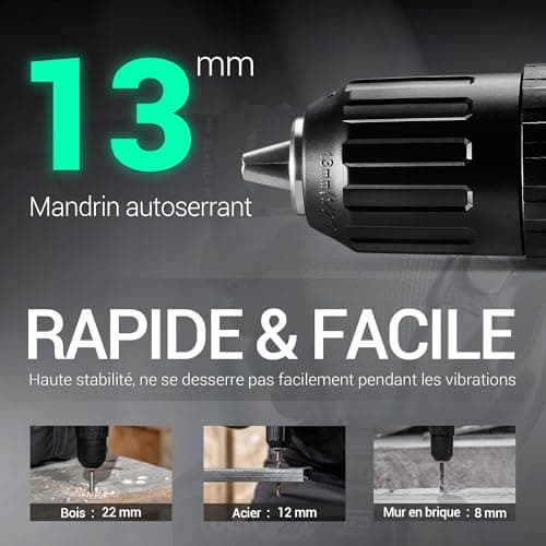 Perceuse DCA sans fil 20V 40 Nm - mandrin autoserrant 13 mm - 2 vitesses - 22 500 CPM - 18+1+1 forets - usage profession