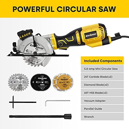 Scie Circulaire ENVENTOR Professionnelle Bois Métal Plastique 705W 3500 RPM 6 Lames 115mm Guide Laser Max 42,8mm Moteur