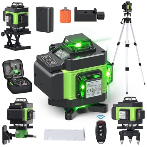 Niveau Laser 4 x 360° Auto-Nivelant Vert Étanche et Anti-Poussière Télécommande Trépied Réglable Hauteur 2400mAh x 2 Pil