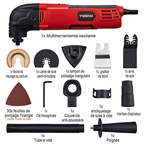 TEENO outil multi-fonctions oscillatoire filaire 300W 15000-23000 tr/min pour menuisiers avec 11 accessoires et 6 vitess