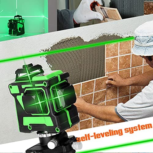 Laser niveleur vert autonivelant 3x360° rotatif 3D 12 lignes, batteries incluses 2 pièces, hauteur réglable, barre d'ext