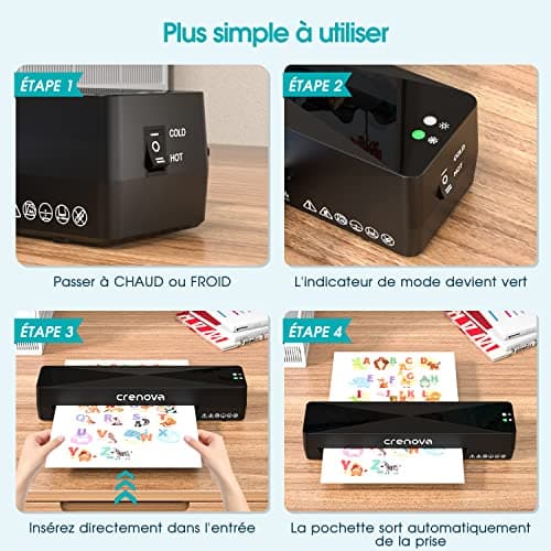Crenova Plastifieuse A4 Multifonction Noire pour Maison et Bureau sans Bulles avec 10 Pochettes