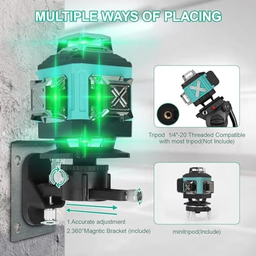 Niveau laser vert autonivelant 4x360°, 4D 16 lignes laser, chantier à ligne croisée verticale/horizontale, 2 x batterie,