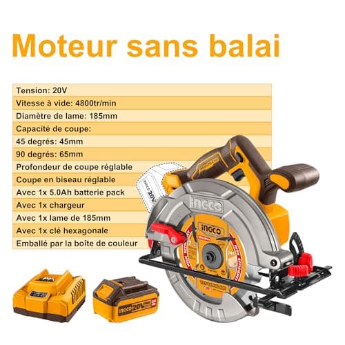 INGCO Scie Circulaire Sans Fil 20V Moteur Sans Balais Profondeur de Coupe Maximale 65 mm 1 Batterie 5,0 Ah 1 Chargeur
