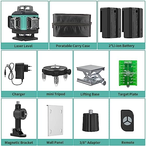 Laser Vert 4D Niveau 16 Lignes 4 x 360° 2 x Batterie Support Mural Télécommande Base Magnétique Support Rotatif