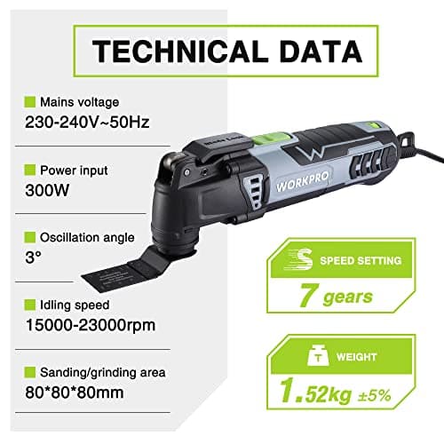 Outil MULTIFONCTION WORKPRO 300W pour Sciage et Polissage - 7 Vitesses Réglables et 17 Accessoires Inclus - Angle d'Osci