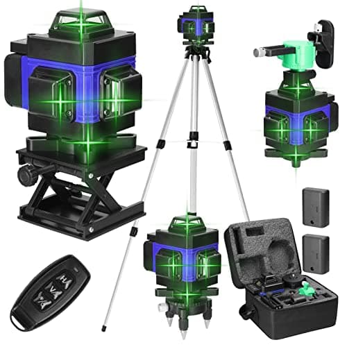 Niveau Laser 4 x 360° Auto-Nivelant Vert Étanche et Anti-Poussière Télécommande Trépied Réglable Hauteur 2400mAh x 2 Pil — Bleu