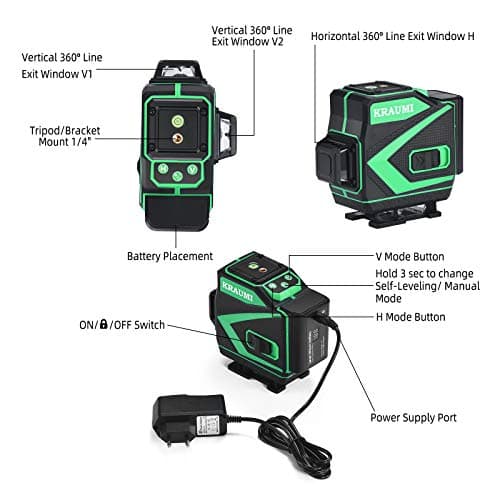 Kraumi Niveau laser 12 linges autonivelant 3x360° ligne horizontale et verticale faisceau laser vert 30M piles inclus