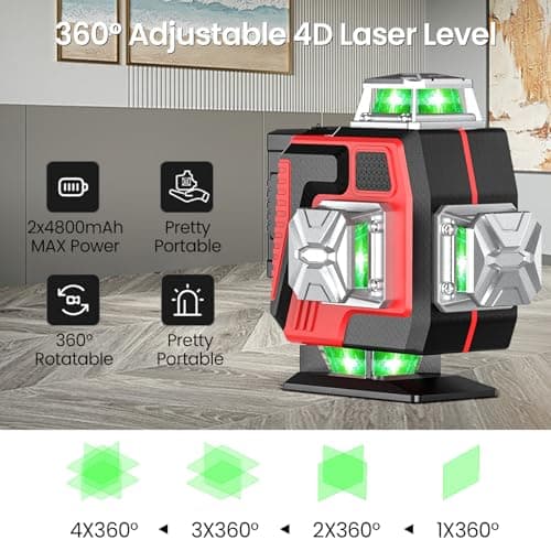 Niveau Laser 360°x 4D Niveau Laser Vert Auto-nivelant avec Télécommande Intégrée Batterie Rechargeable 2 * 2400 mAh