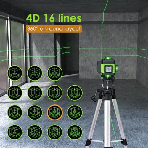 Niveau Laser 4 x 360° Auto-Nivelant Vert Étanche et Anti-Poussière Télécommande Trépied Réglable Hauteur 2400mAh x 2 Pil
