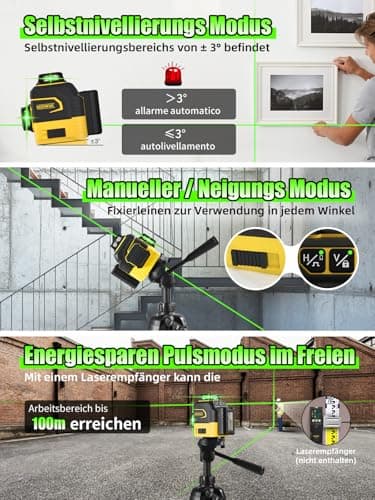 Niveaux Laser Autonivelant 360° Vert 12 Lignes Niveau Laser mit Répied 150cm Rotatif Batterie 3000mAh x2 Télémètre