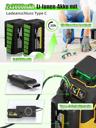 Niveaux Laser Autonivelant 360° Vert 12 Lignes Niveau Laser mit Répied 150cm Rotatif Batterie 3000mAh x2 Télémètre