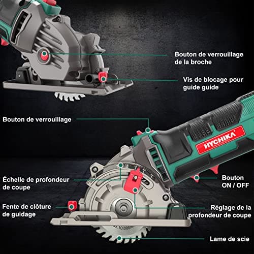 HYCHIKA 500W Mini Scie Circulaire pour Bois, Métal Mou et Carreaux - Grande Capacité de Coupe à 4500 RPM - Profondeur de