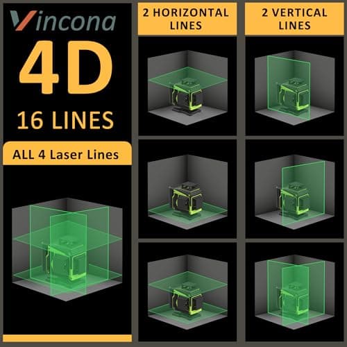 Laser à nivellement 4 x 360 °, autonomieux, pour travaux professionnels, 16 lignes de lasers vertes, avec 2 piles batter