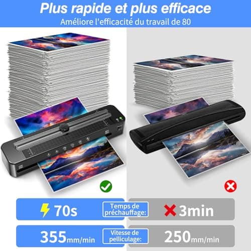 Plastifieuse A3 70S chauffement rapide, 30 poches, coupe-papier, angle rond,BLACK (70S + 30PCS POCHES)