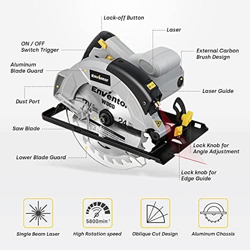 Scie Circulaire ENVENTOR 1200W Guidage Laser Bois 5800RPM Profondeur 62/42mm Moteur Cuivre Lama 185 m