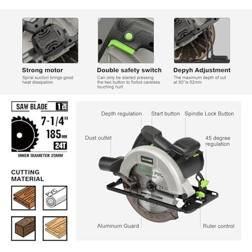 Scie Circulaire GALAX PRO 1400W 6000RPM Bois Profondeur de Coupe Max 62mm Lama 185mm