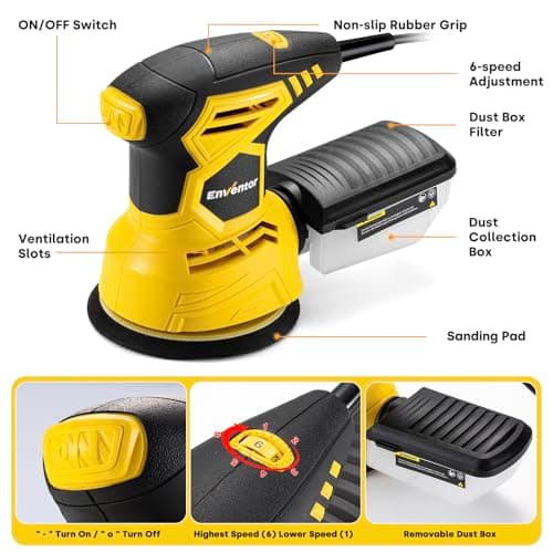 Enventor Ponceuse Orcale 300W 13000TPI 6 Vitesses Papier Abrasif 16 Pièces Collecte de Poussière Surfaces Bois Acier