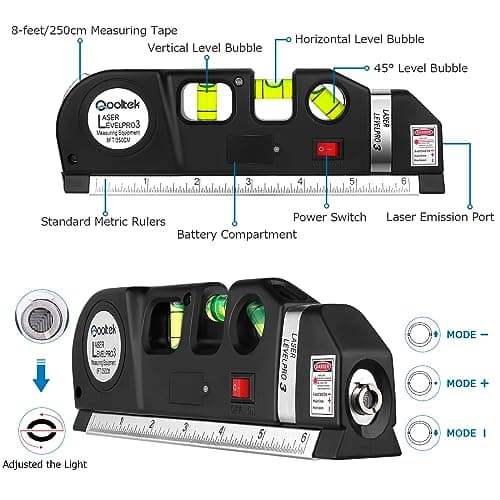 Qooltek Niveau laser multifonction - lignes laser horizontales et verticales croisées, ruban à mesurer de 2,5m / 8pieds,